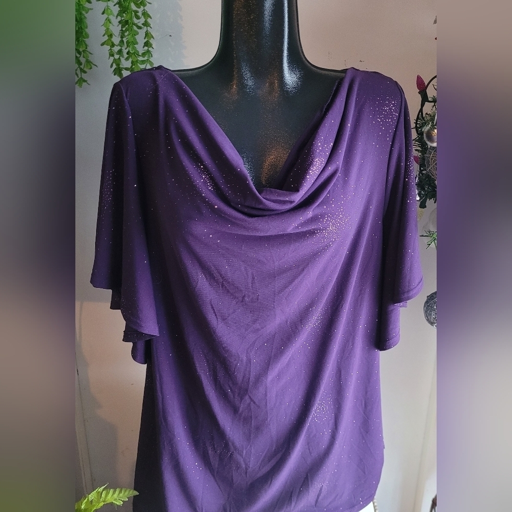 Reitmans Purple Shimmer Short Flutter Sleeve Drape Neck Top Size 2X